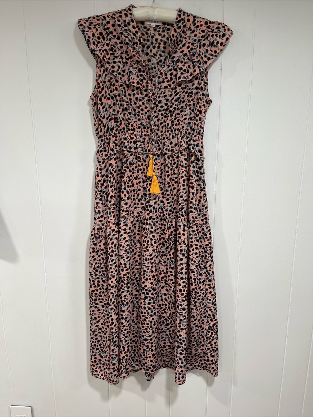 THML Pink Leopard Print Tiered Midi Dress Tassel Tie Boho Resort L cottagecore - Picture 2 of 10